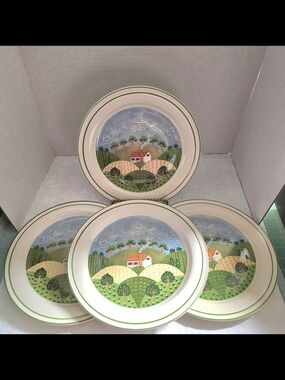 Set Of 4 Sangostone Country Cottage Dinner Plates #3645 Made In KOREA 10 3/4 EUC